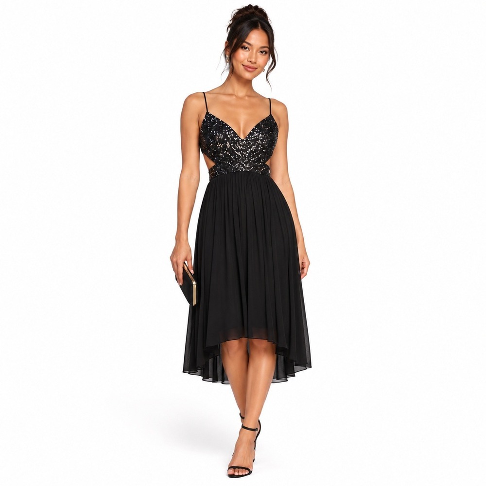 BCBGMAXAZRIA Black Cocktail Dress Silk Open Back Sequin Cutout Formal Party Sz 6